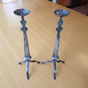 Pair of Vintage 12" Silver Plated Hand Forged Candle Holders